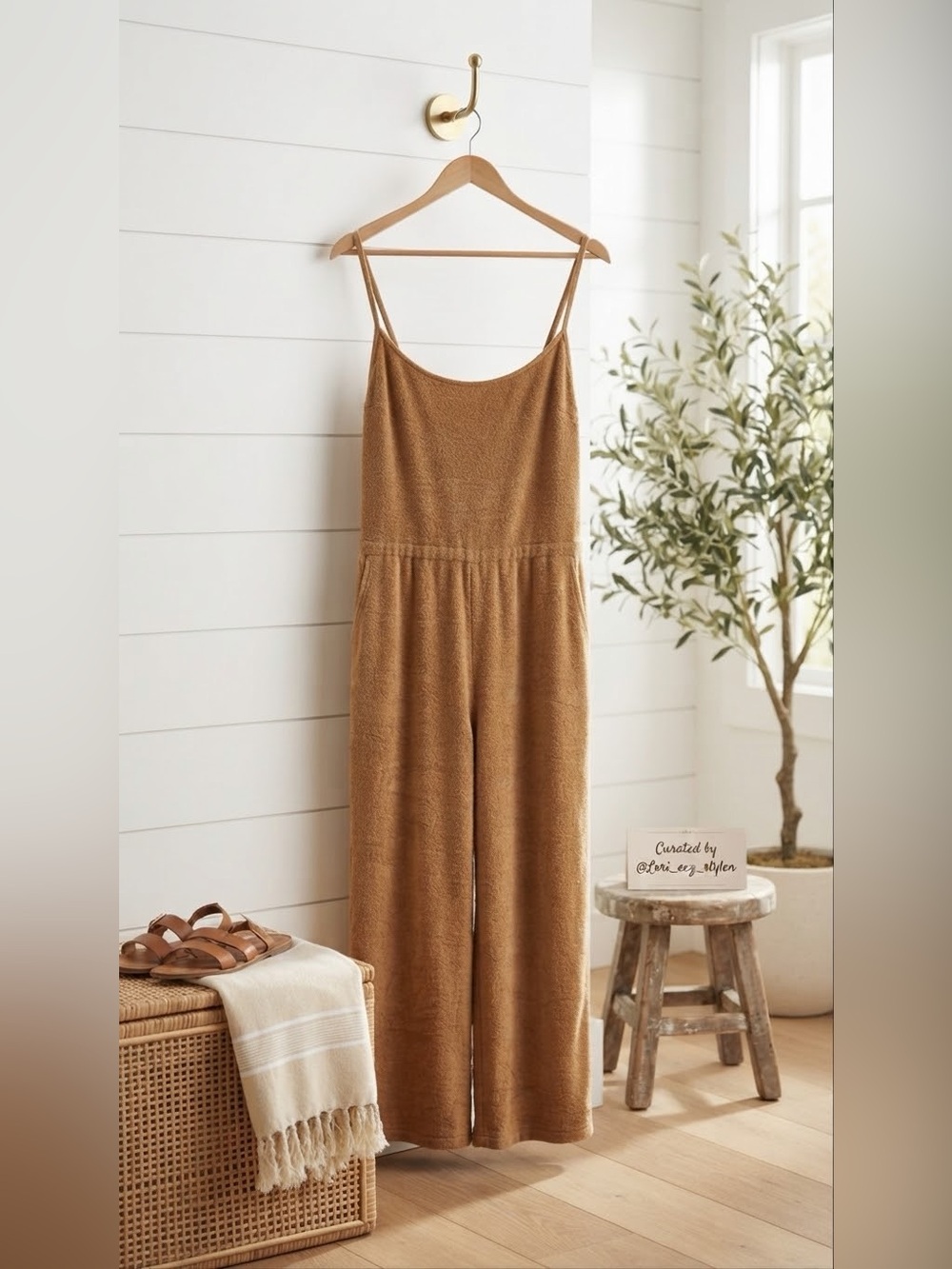 aerie Camel Terry Wide-Leg Jumpsuit